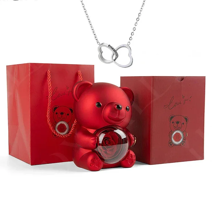 Eternal Preserved Rose Bear with Personalised Necklace | Luxury Christmas Gift