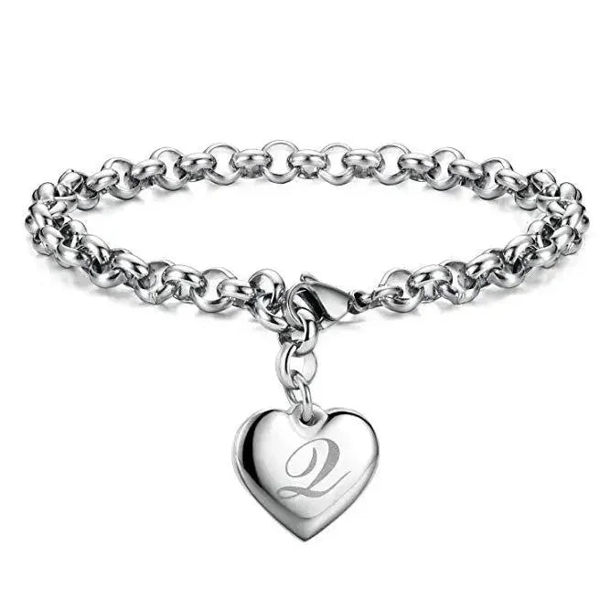 925 Sterling Silver Noble Heart Personalised Initial Chain Bracelet