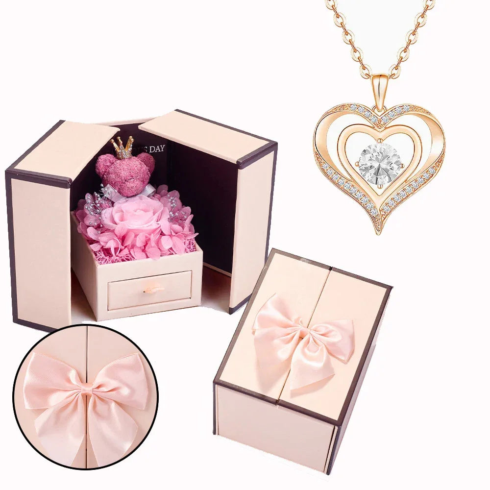 Birthstone Heart Necklace with Rose Bear Box | Christmas Gift