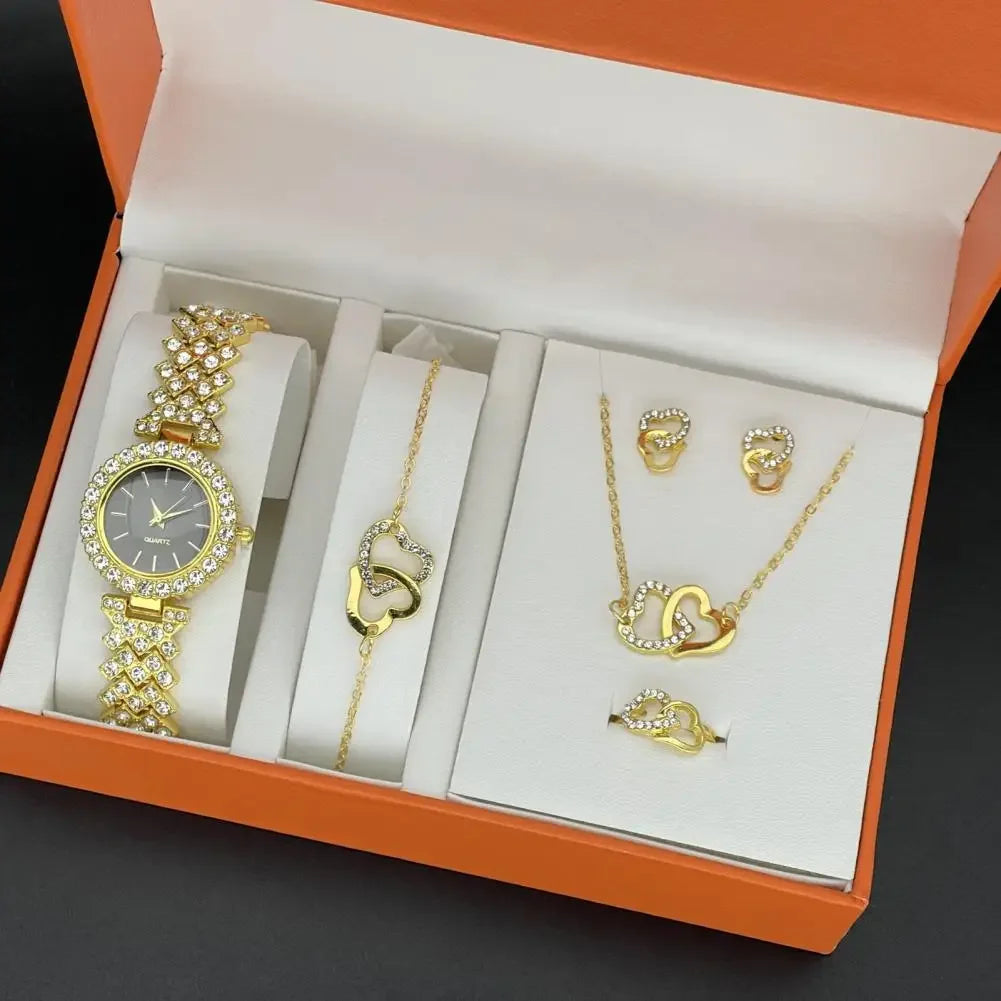 Women's 6 Piece Jewellery Gift Set with Box - Watch Necklace Bracelet Ring Earrings Complete Collection