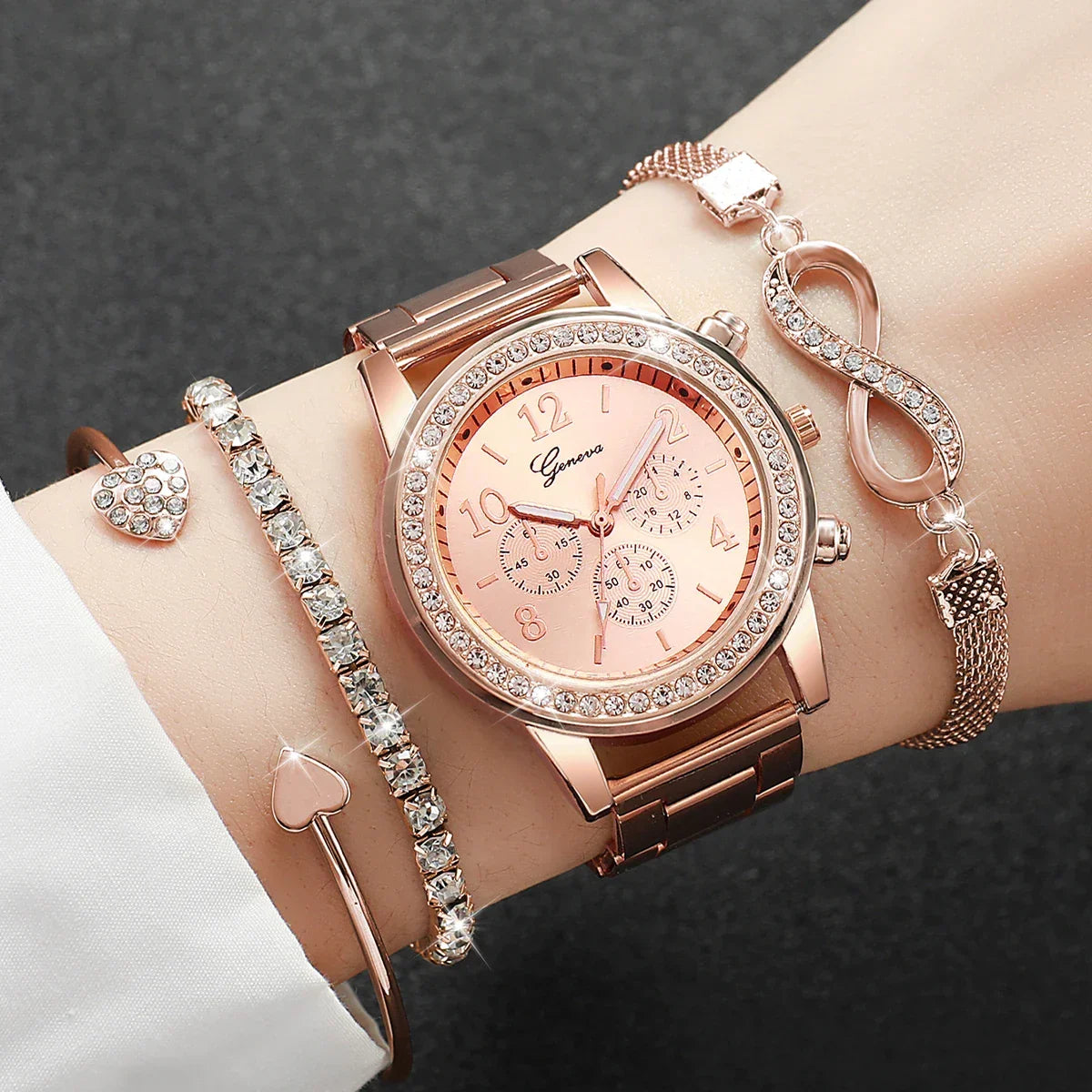 Luxury Rhinestone Watch & Bracelet Set | 4-Piece Gift for Her