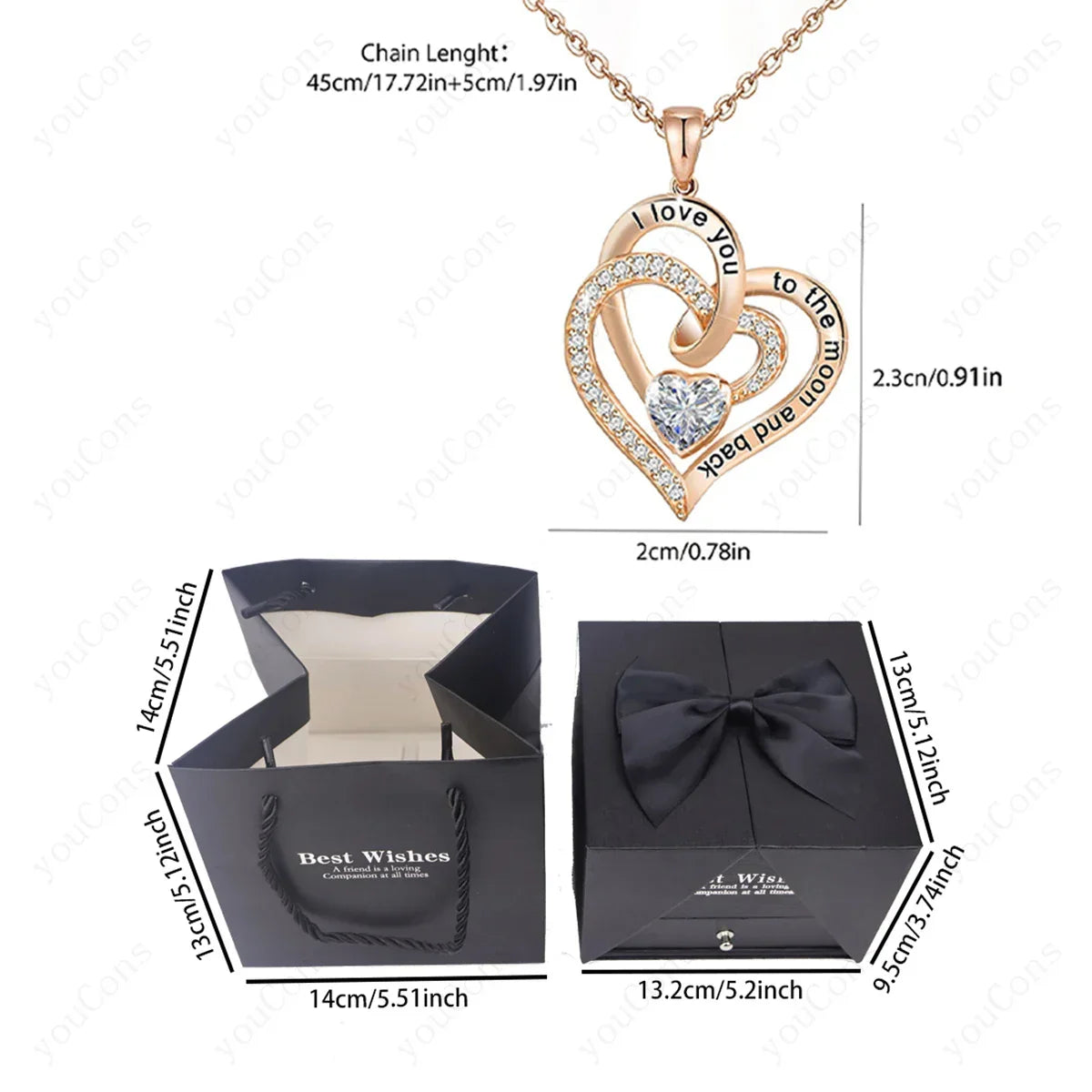 White Heart Zircon Necklace with Rose Box | Christmas Gift