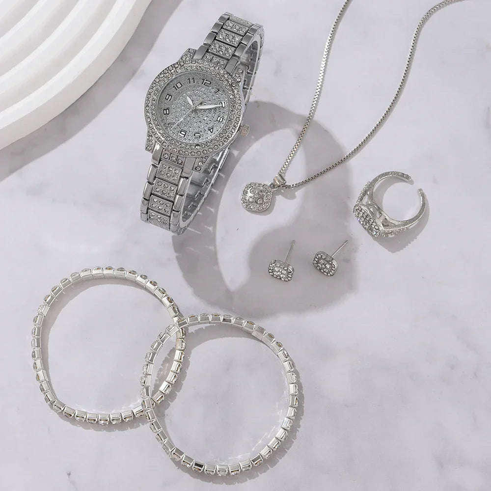 6-Piece Rhinestone Watch & Jewellery Set | Christmas Gift