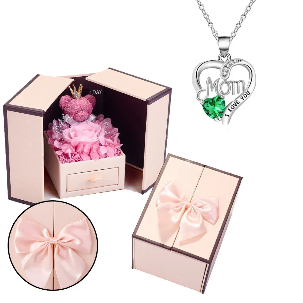 Birthstone Heart Necklace with Eternal Rose Bear | Christmas Gift for Mom