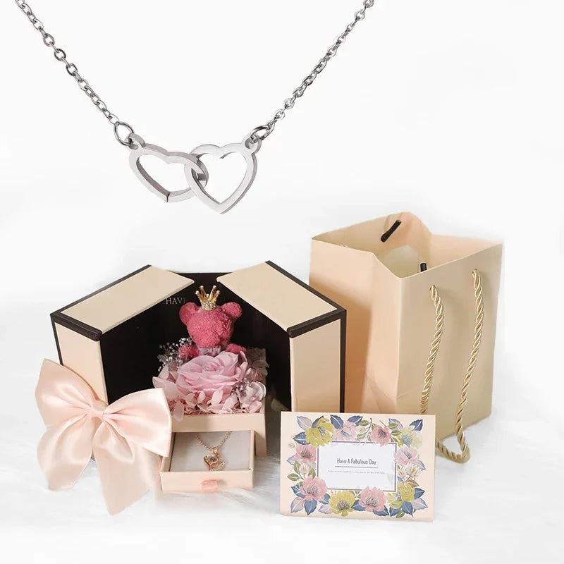 Heart Necklace with Luxury Rose Bear Box | Romantic Gift for Her
