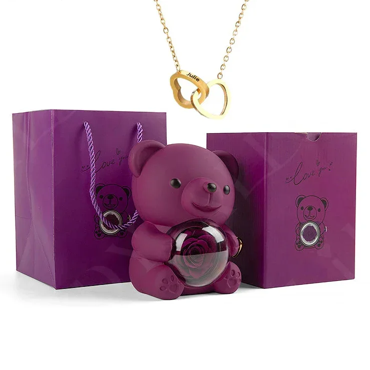 Eternal Preserved Rose Bear with Personalised Necklace | Luxury Christmas Gift