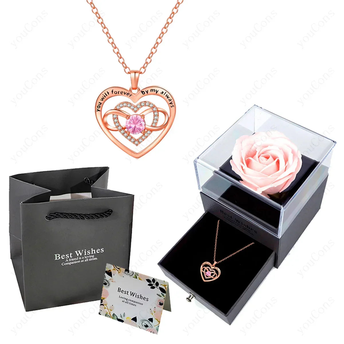Heart Zircon Necklace with Forever Rose | Christmas Gift for Her