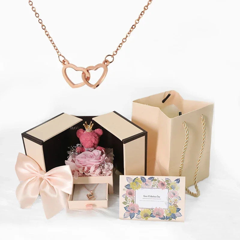 Heart Necklace with Luxury Rose Bear Box | Romantic Gift for Her