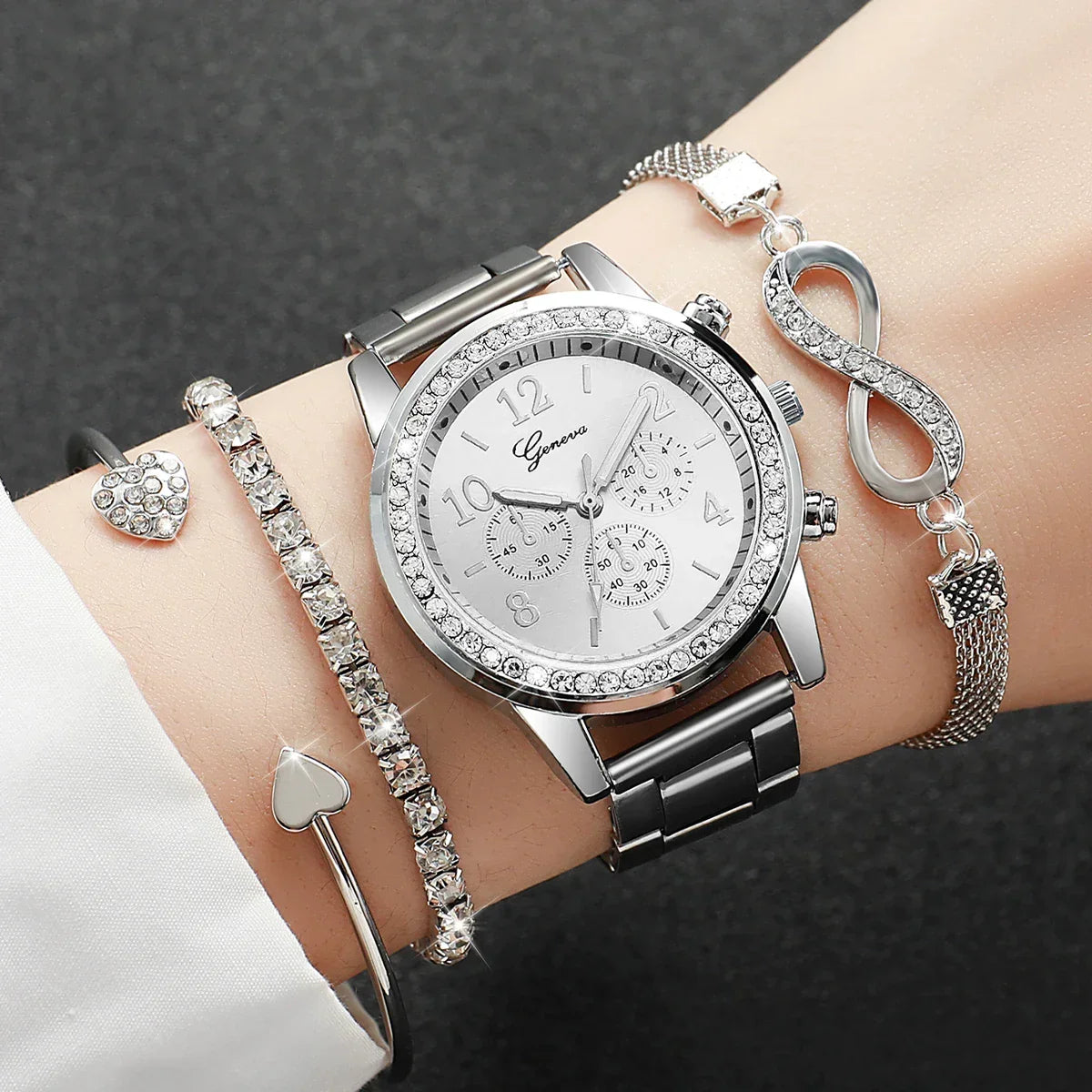 Luxury Rhinestone Watch & Bracelet Set | 4-Piece Gift for Her