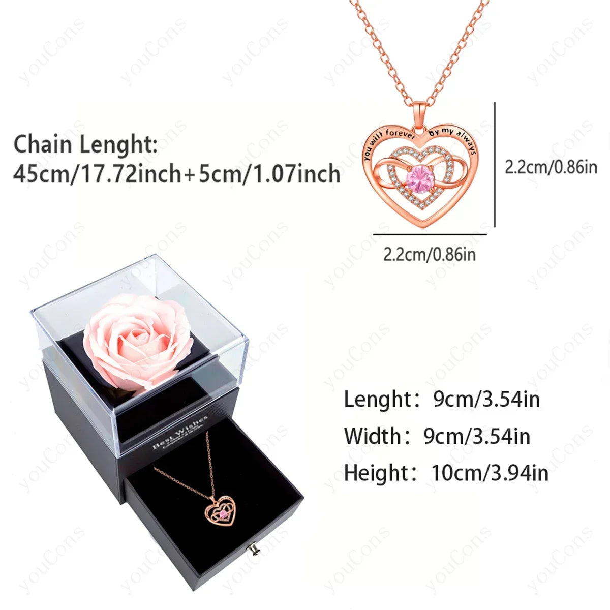 Heart Zircon Necklace with Forever Rose | Christmas Gift for Her