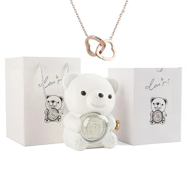 Eternal Preserved Rose Bear with Personalised Necklace | Luxury Christmas Gift