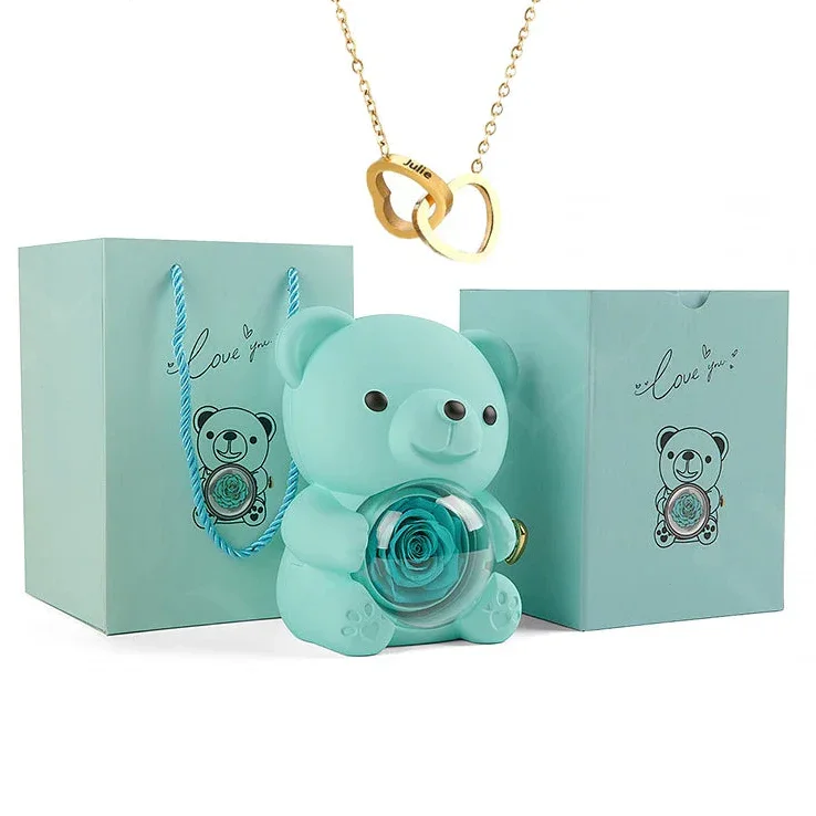 Eternal Preserved Rose Bear with Personalised Necklace | Luxury Christmas Gift