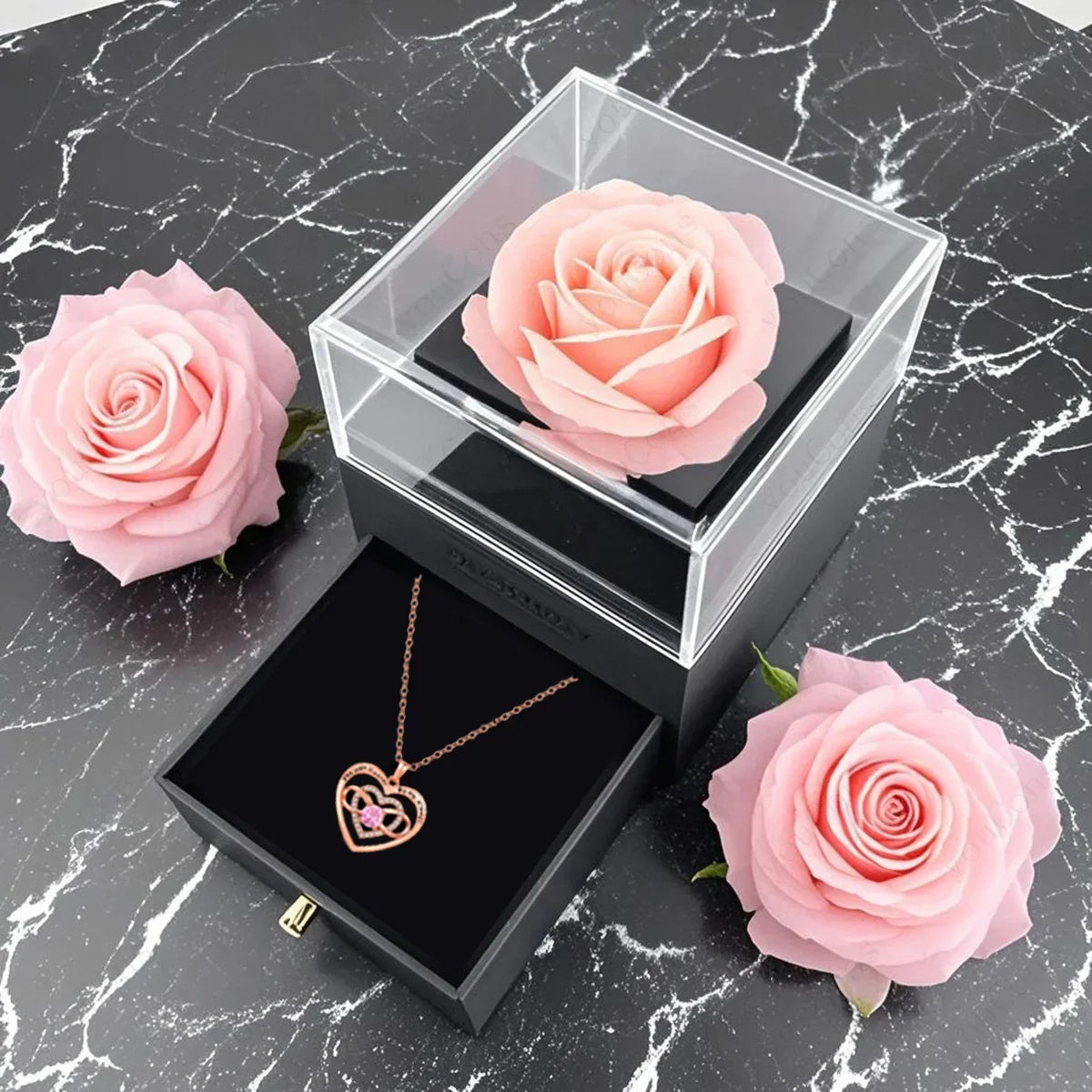 Heart Zircon Necklace with Forever Rose | Christmas Gift for Her