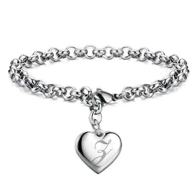 925 Sterling Silver Noble Heart Personalised Initial Chain Bracelet