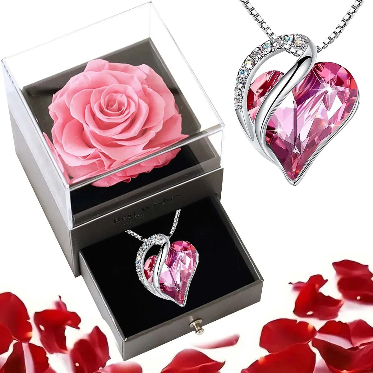Christmas Gift Ready Ocean Heart Love Necklace with Eternal Rose Set