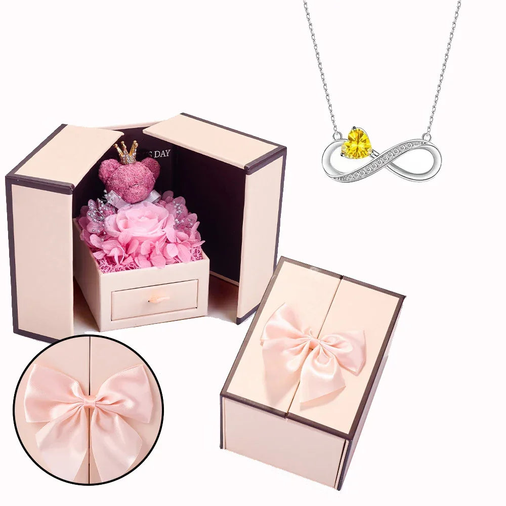 Birthstone Pendant Necklace with Rose Bear Box | Christmas Gift