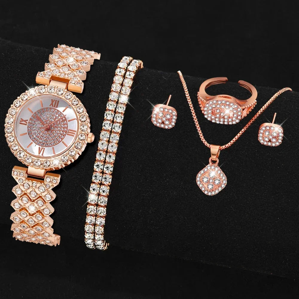 6-Piece Rhinestone Watch & Jewellery Set | Christmas Gift