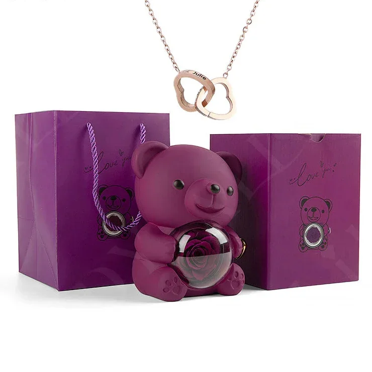 Eternal Preserved Rose Bear with Personalised Necklace | Luxury Christmas Gift