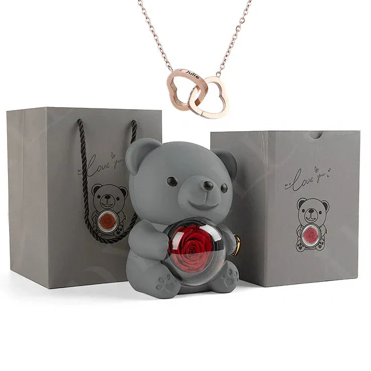 Eternal Preserved Rose Bear with Personalised Necklace | Luxury Christmas Gift