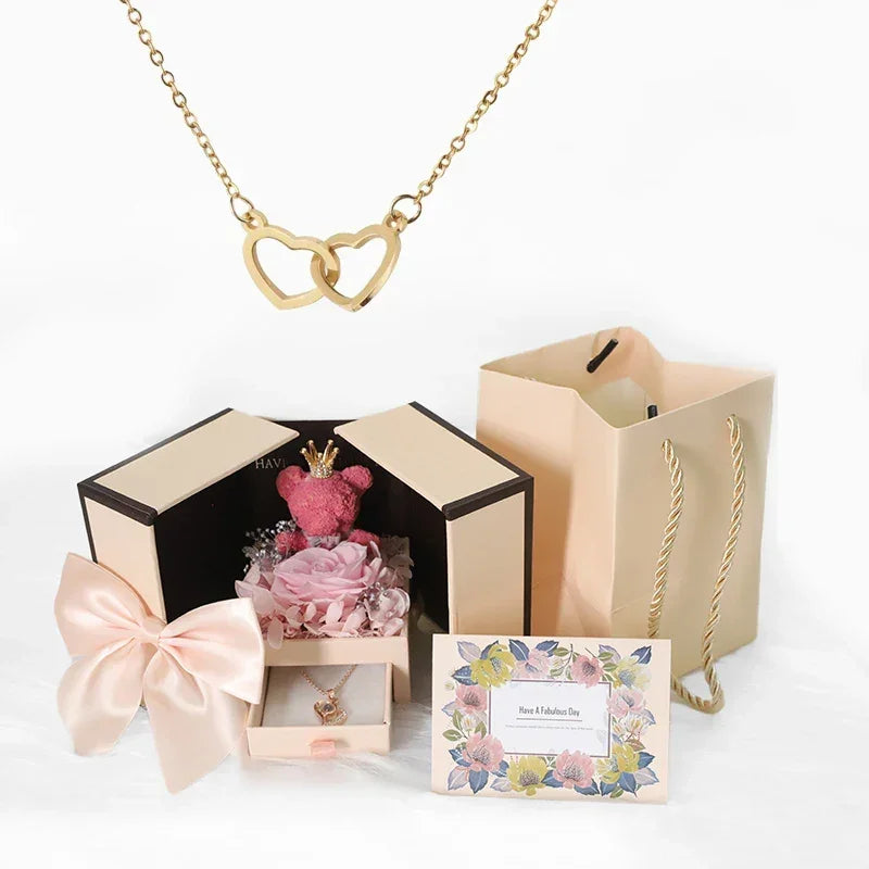 Heart Necklace with Luxury Rose Bear Box | Romantic Gift for Her