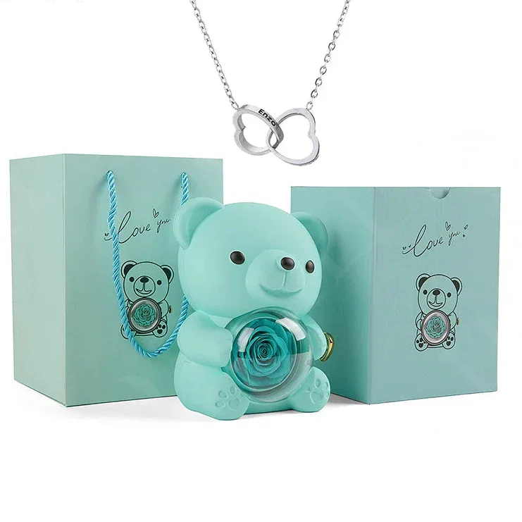 Eternal Preserved Rose Bear with Personalised Necklace | Luxury Christmas Gift
