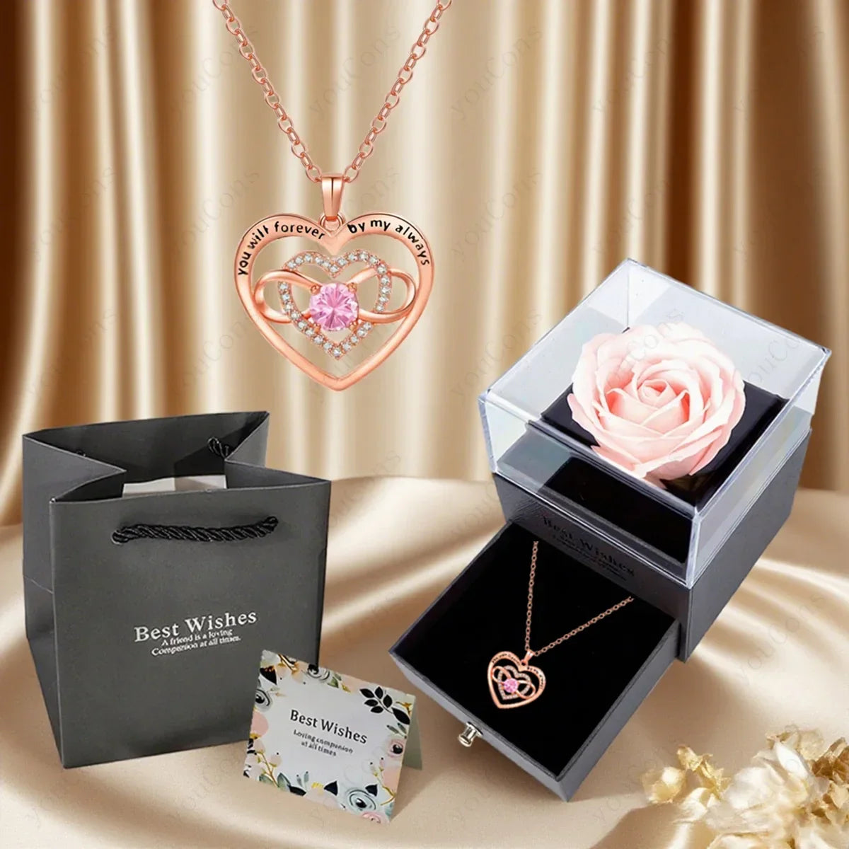 Heart Zircon Necklace with Forever Rose | Christmas Gift for Her