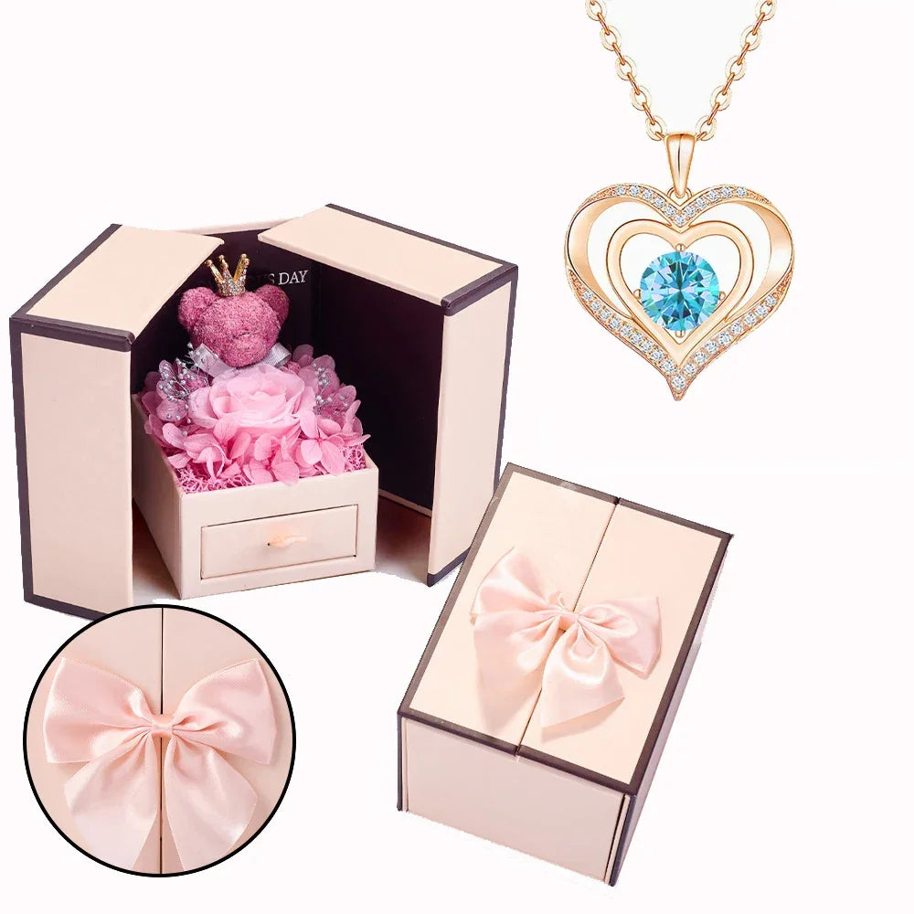 Birthstone Heart Necklace with Rose Bear Box | Christmas Gift
