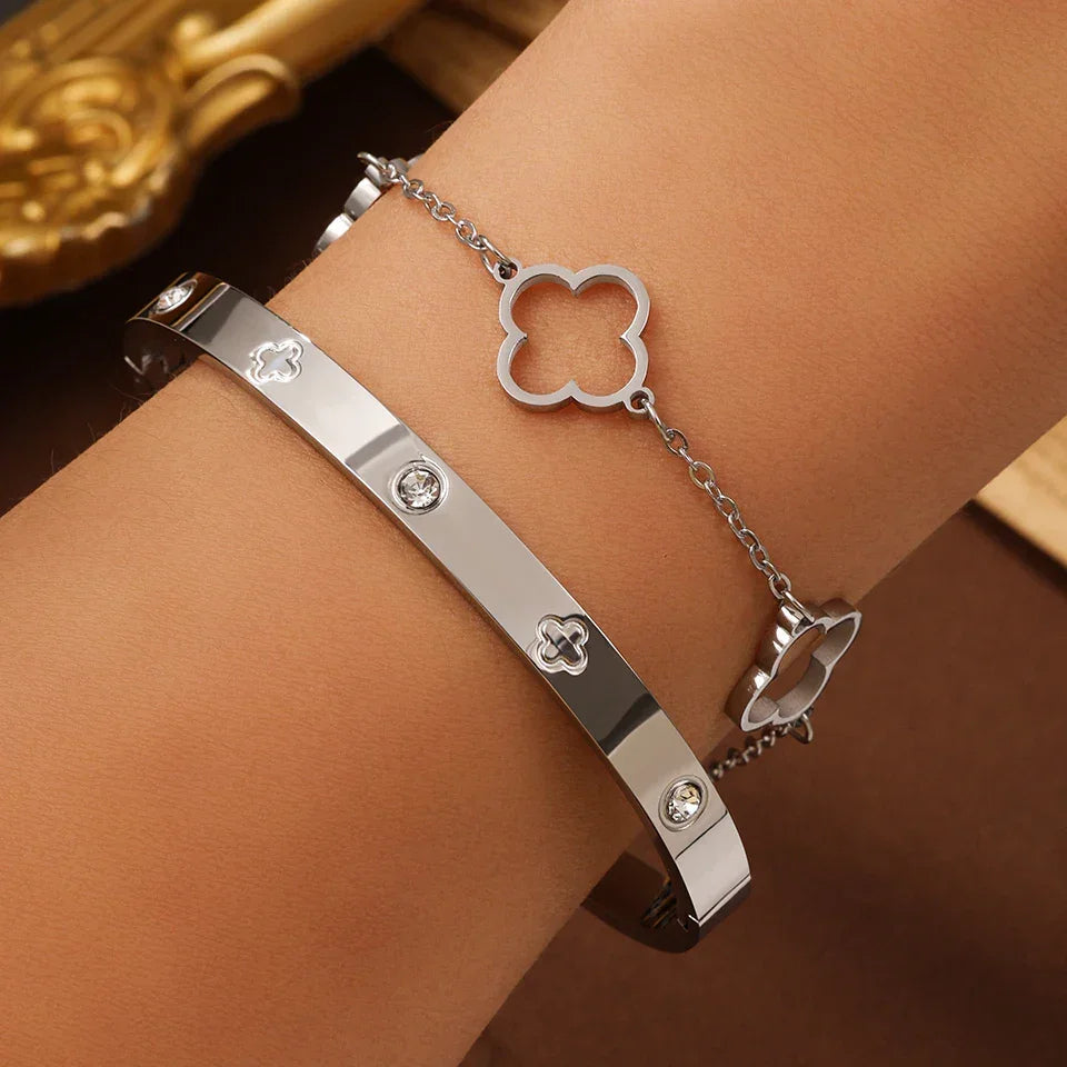 French Lucky Clover Bracelet Set - 2 Piece Stainless Steel Bracelet for Women