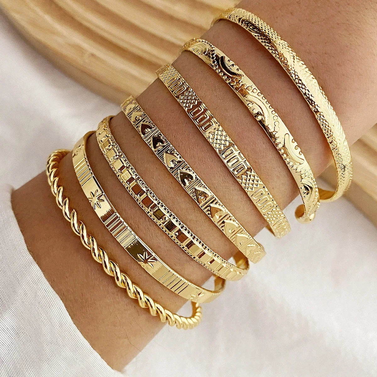 7 Piece Gold Cuff Stack | Adjustable Textured Bangles | Gift