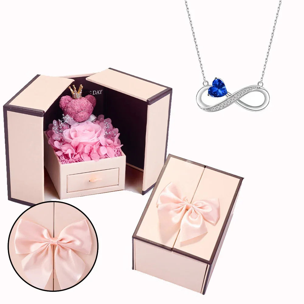 Birthstone Pendant Necklace with Rose Bear Box | Christmas Gift