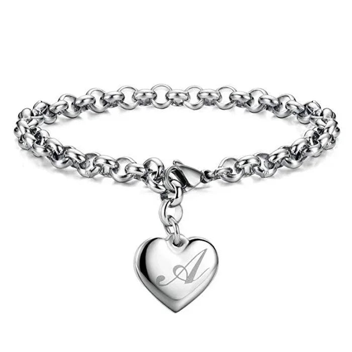 925 Sterling Silver Noble Heart Personalised Initial Chain Bracelet