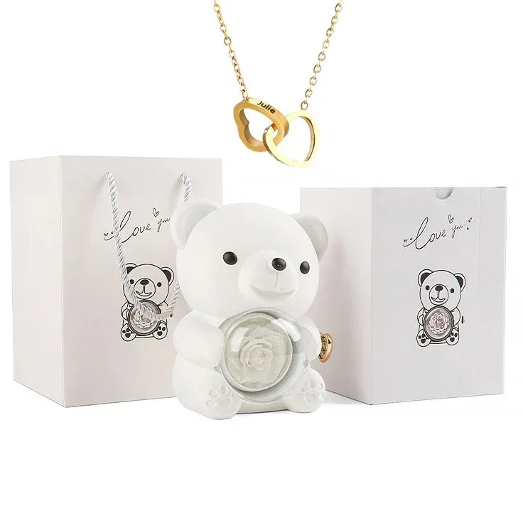 Eternal Preserved Rose Bear with Personalised Necklace | Luxury Christmas Gift