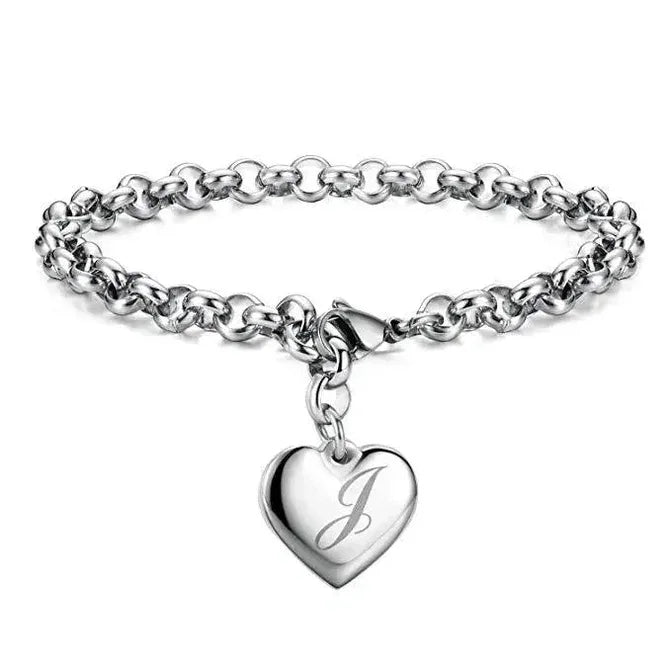 925 Sterling Silver Noble Heart Personalised Initial Chain Bracelet