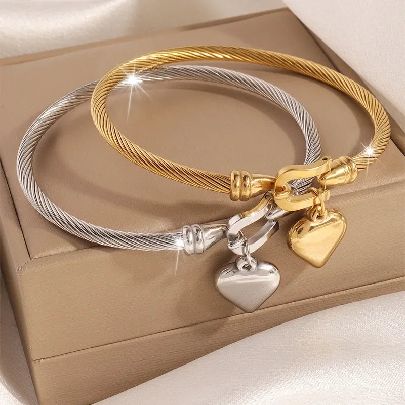 18k Gold Colour Stainless Steel Heart Pendant Charm Bangle | Gift For Women