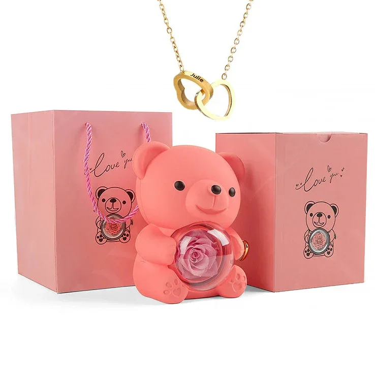 Eternal Preserved Rose Bear with Personalised Necklace | Luxury Christmas Gift