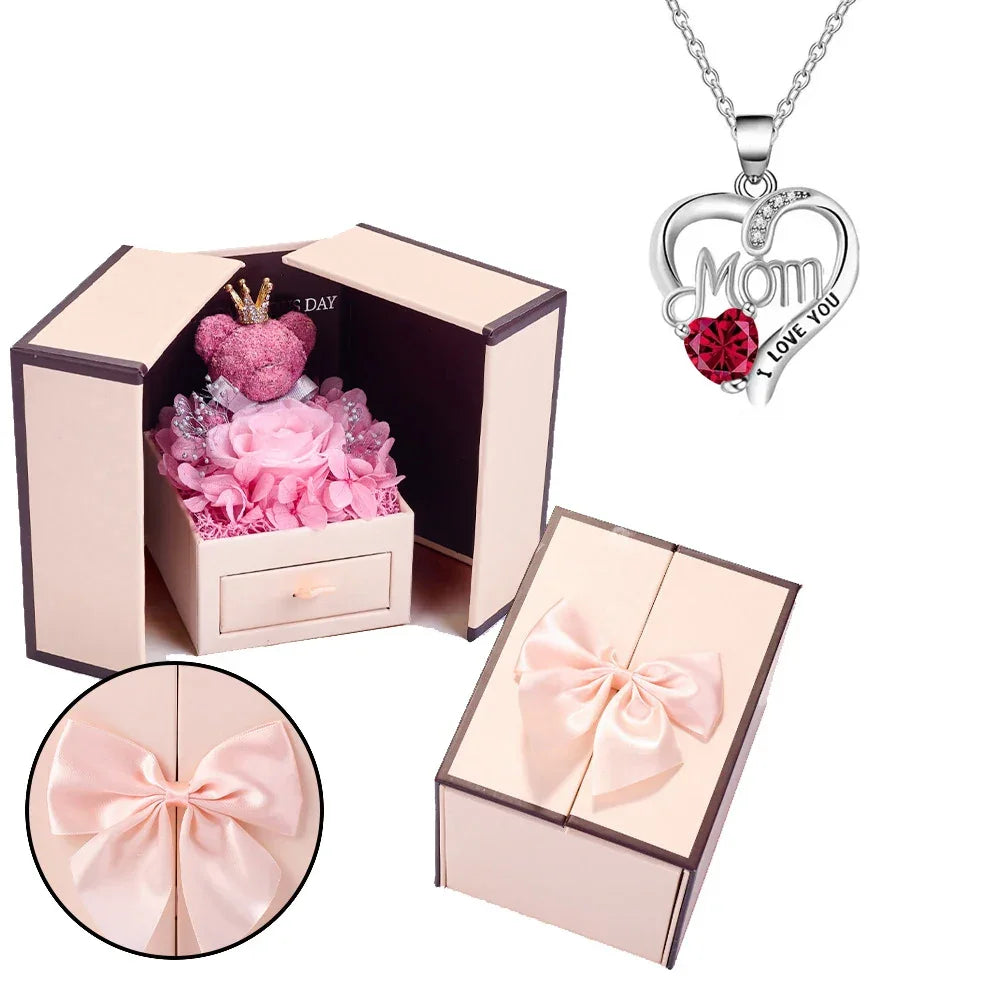 Birthstone Heart Necklace with Eternal Rose Bear | Christmas Gift for Mom